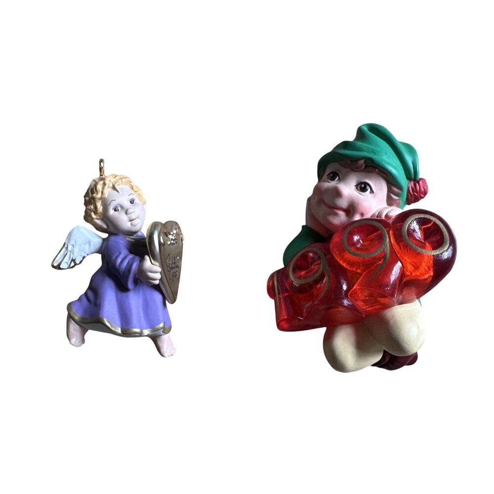 Vtg Hallmark Christmas Ornaments Elf of the Year 1990 & Godchild 1999